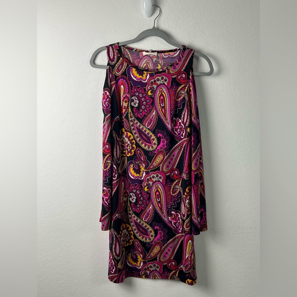 Trina Turk Paisley Cold Shoulder Bell Sleeve Dress Size Small